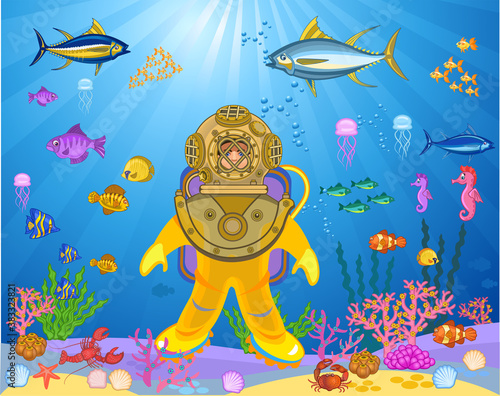 Sheavy retro diving dress or pressure suit with metal helmet and air bubbles around