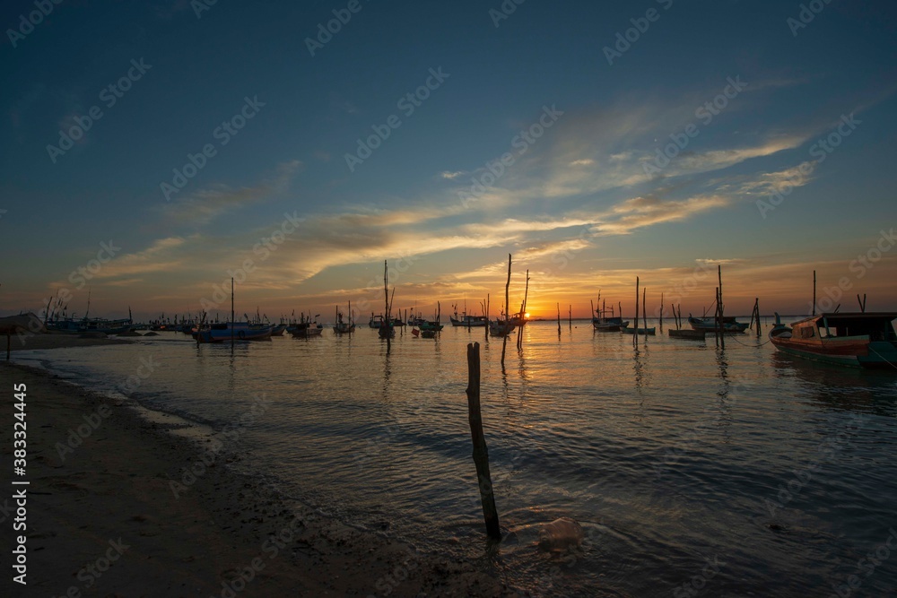 sunset, water, sky, sea, sun, lake, sunrise, landscape, beach, ocean, pier, nature, clouds, evening, reflection, dusk, travel, calm, river, boat, silhouette, orange, boats, horizon, blue
