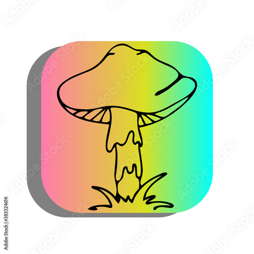 Black contour mushroom on rectangle icon shape, rainbow gradient colors. Vector hand drawn linear multicolor muscaria illustration