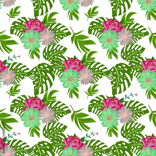 Seamless Pattern Background in Floral Tropical Flower Flat Style Vector Design