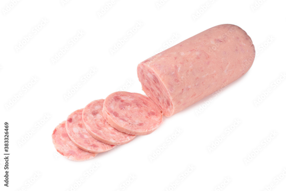 Boiled sausage isolated on white background. Slices. Boiled sausage isolated on white background. Slices.