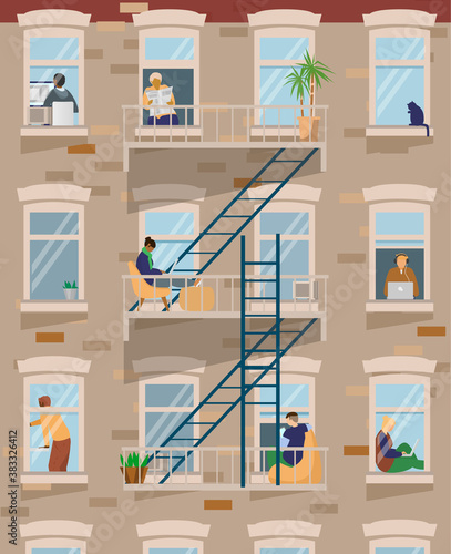 House front with different people staying at home, working, studying, reading. Home office. People in windows. Flat vector illustration.