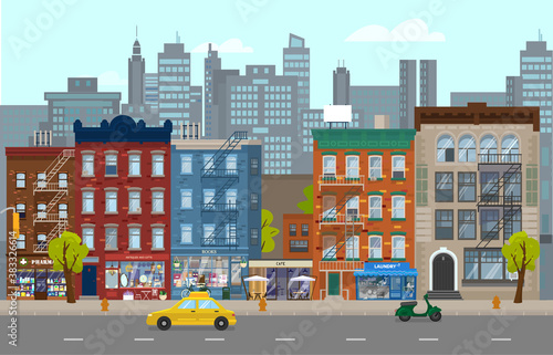 Vector illustration of Manhattan street with different retro houses with shops  taxi  scooter. City silhouette at the background. Cityscape in flat style.