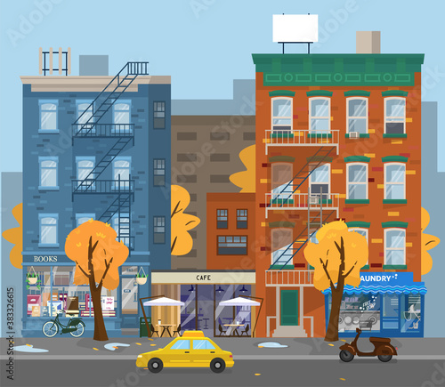 Vector illustration of autumn cityscape. Rainy weather in the city. Laundry, cafe and book shops, taxi, scooter. Yellow trees. Flat style.