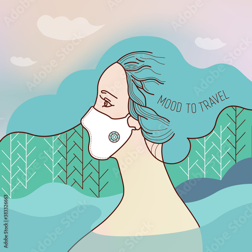 Mood to Travel web Cover. Woman in Protective Mask, Respirator, background sky, clouds, fields.Protection in disease, virus,  coronavirus, СOVID 19, allergic reactions.