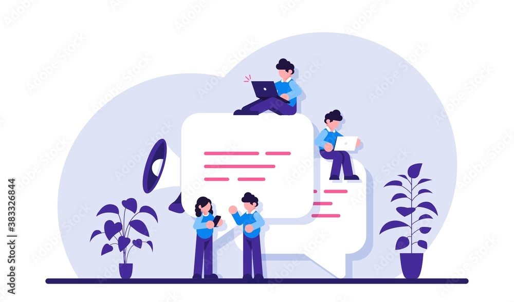 Chat easily. Speech bubbles for comment and reply. Small people chatting online. Guys and woman sitting on big symbols of chat. Modern flat illustration. Chat easily. Speech bubbles for comment and reply. Small people chatting online. Guys and woman sitting on big symbols of chat. Modern flat illustration.