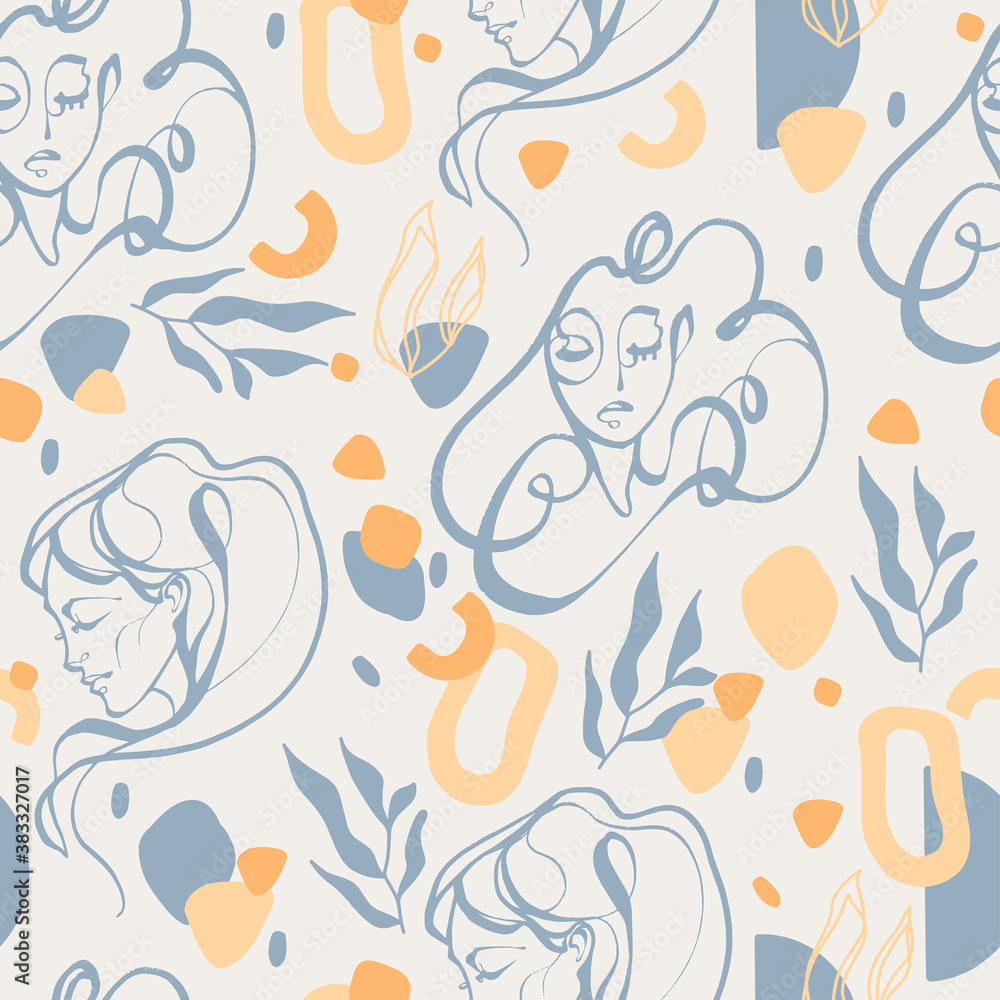 Seamless pattern with abstract line art faces. Continuous line face, Foliage geometric, abstract geometric modern golden spots on light background. Minimalistic trend pattern Seamless pattern with abstract line art faces. Continuous line face, Foliage geometric, abstract geometric modern golden spots on light background. Minimalistic trend pattern