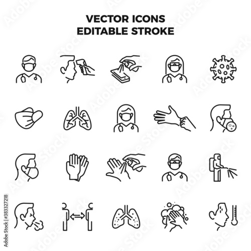 Coronavirus Icon Set Linear Line Color Icons fully Editable Stroke containing such icons like: Face Mask Virus Temperature Disinfection Washing Hands Cough Lungs Sanitize Sanitizer Doctor Distance