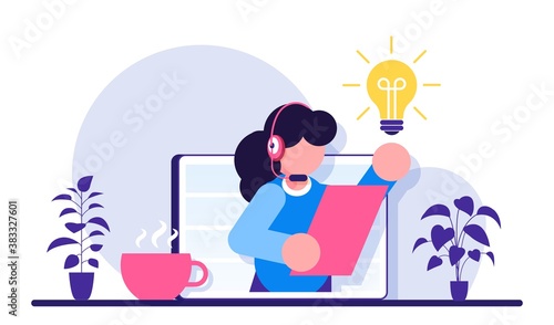 Online technical support 24-7. Concept customer and operator. Female hotline operator advises client. Online assistant, virtual help service. Modern flat illustration.