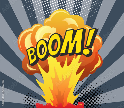 Comic poster wth cartoon explosion frame. Boom comic banner design. Hand drawn vector illustration. Colorful funny banner in comics book and pop art style