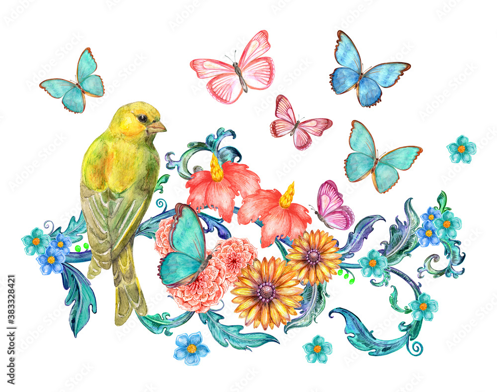 yellow bird sitting on blue baroque twig with colorful flowers and swirl leaves, surrounded flying butterflies. watercolor painting