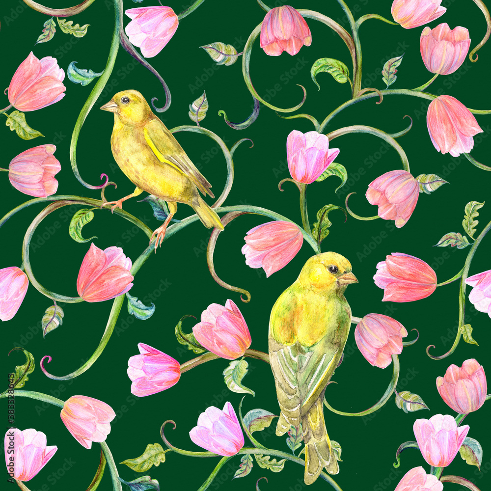 vintage seamless texture with yellow birds on swirl twigs and tulips flowers. watercolor painting