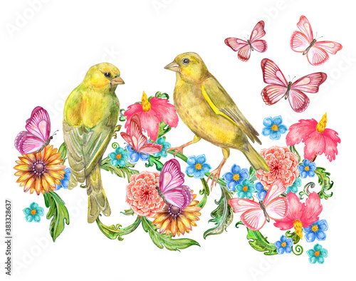 couple of yellow birds sitting on green baroque twig with colorful flowers and swirl leaves  surrounded flying butterflies. watercolor painting