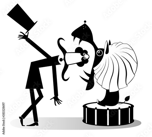 Circus, deadly trick, tamer and lion illustration. Long mustache tamer with a top hat is getting his head into the jaw of the lion black on white
