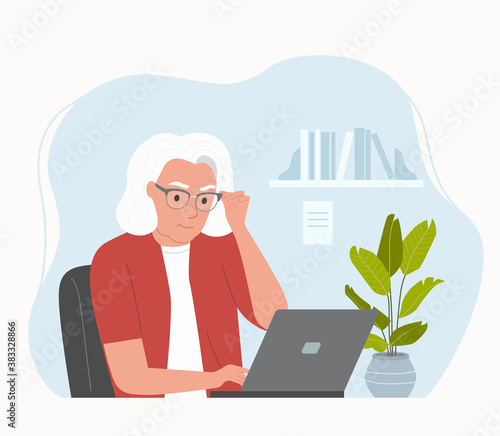 Elderly woman working at her office. Vector flat style illustration