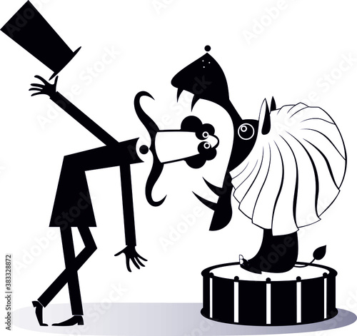 Circus, deadly trick, tamer and lion illustration. Long mustache tamer with a top hat is getting his head into the jaw of the lion black on white
