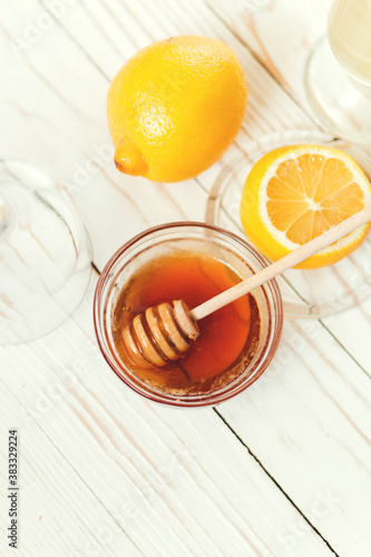 Drink hot tea with ginger-lemon and honey, prevention of colds. Selective focus