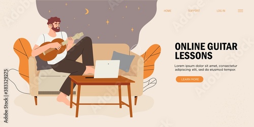 Online education, learning, training play the guitar, music lessons. Young man cartoon character sitting home with laptop watching video lesson and playing guitar. Creative hobby and leisure activity.
