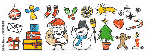 Strichfiguren / Strichmännchen: Weihnachtsschmuck, Weihnachtsmann, Schneemann, Dekoration. (Nr. 560)	