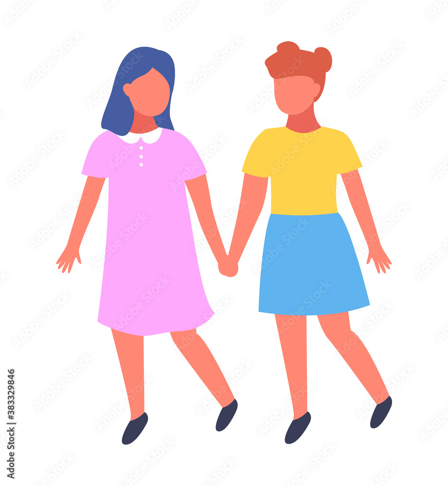 Two best friends girls holding hands. Vector illustration about friendship isolated on white. Children walk together on the playground. Friendship of children in kindergarten or junior school Two best friends girls holding hands. Vector illustration about friendship isolated on white. Children walk together on the playground. Friendship of children in kindergarten or junior school