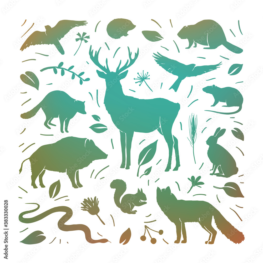 Vector forest animals collection in square frame. Flat animals silhouettes in brown, blue colors. Design for t-shirt print, cover, poster, banner, card Vector forest animals collection in square frame. Flat animals silhouettes in brown, blue colors. Design for t-shirt print, cover, poster, banner, card