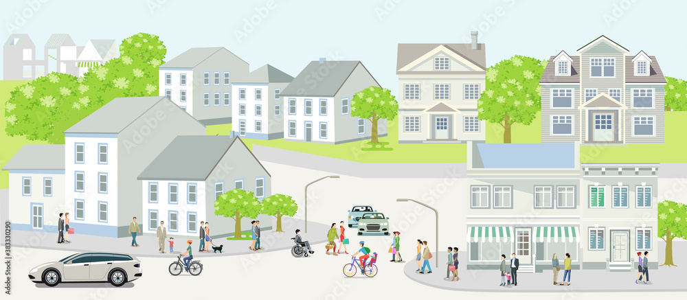 Stadtsilhouette einer kleinen Stadt mit Menschen und Straßenverkehr,  Illustration