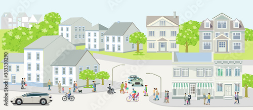 Stadtsilhouette einer kleinen Stadt mit Menschen und Straßenverkehr, Illustration