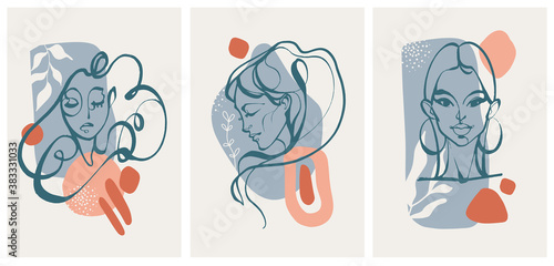 Set of abstract female portraits against the background of trendy modern shapes with flowers and leaves. Modern hand drawn vector illustrations. Flat design. Social media backgrounds. 