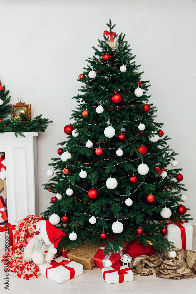 Christmas tree pine with fireplace interior of the house new year decor gifts vacation Christmas tree pine with fireplace interior of the house new year decor gifts vacation