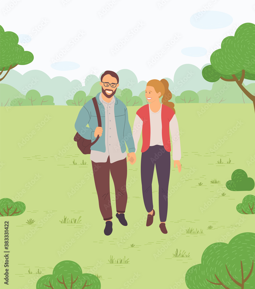 Happy family, couple walking in a park. Young guy and pretty girl holding hands walking in garden, weekend walk. Friends man and woman met on a date outdoor. Girl talking to smiling guy in glasses Happy family, couple walking in a park. Young guy and pretty girl holding hands walking in garden, weekend walk. Friends man and woman met on a date outdoor. Girl talking to smiling guy in glasses