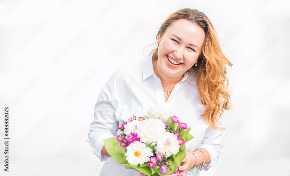 Happy smiling beautiful plus size model . Portrait large girl smiling on a sunny day with good mood, Photo of new age standard of beauty