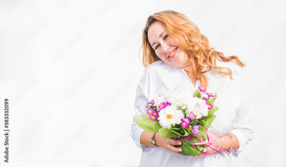 Happy smiling beautiful plus size model . Portrait large girl smiling on a sunny day with good mood, Photo of new age standard of beauty