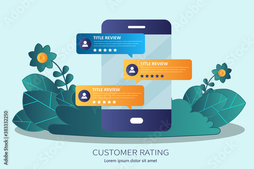 Concept of feedback, testimonials messages and notifications. Speech bubbles on mobile phone with review rating, flat style smart phone reviews stars with good and bad rate and text. Flat vector.