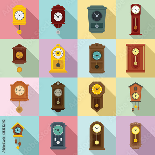 Pendulum clock icons set. Flat set of pendulum clock vector icons for web design