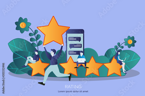 Concept of feedback  testimonials messages and notifications. Rating on customer service illustration. Five big stars with people holding  them and giving reviews on their lap tops. Flat vector