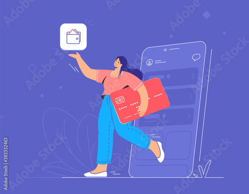 Online banking, ewallet and credit card. Flat vector illustration of smiling woman going out of a smartphone with red credit card and pionting to wallet mobile app for accounting and investments