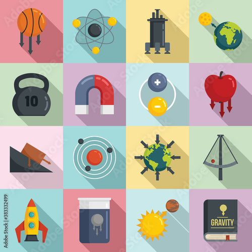 Gravity icons set. Flat set of gravity vector icons for web design