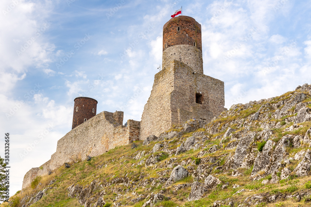Panoramic view of Checiny Royal Castle ruins - Zamek Krolewski w Checinach - medieval stone fortress in Swietokrzyskie Mountains near Kielce in Poland