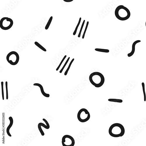 Doodle shapes random seamless pattern. Hand drawn linear objects texture background.