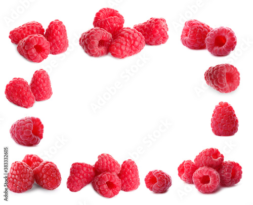 Frame of fresh ripe raspberries on white background