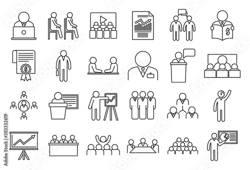 Business training presentation icons set. Outline set of business training presentation vector icons for web design isolated on white background
