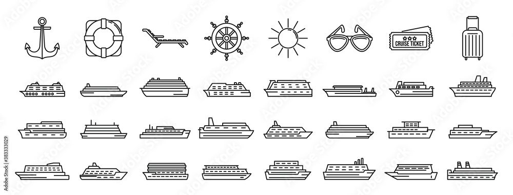 Ocean cruise icons set. Outline set of ocean cruise vector icons for web design isolated on white background