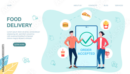 Online food delivery concept. Flat cartoon vector illustration. Web page template