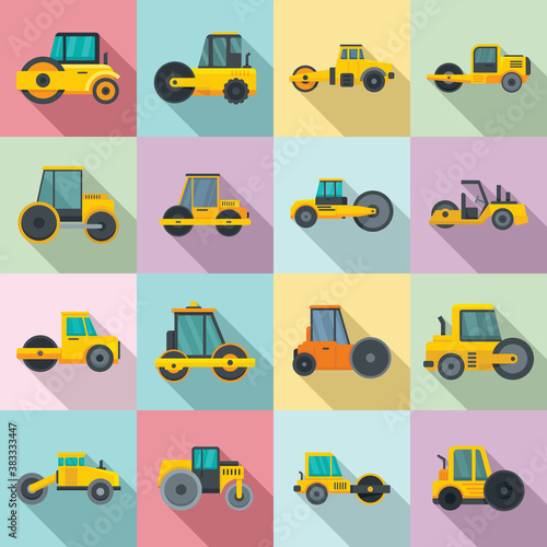 Road roller icons set. Flat set of road roller vector icons for web design