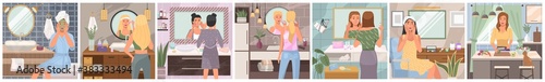 Daily routine of woman. Set of young woman activities. Everyday leisure. Cleansing, moisturizing, treating. Daily life scenes. Various spa procedures. Face care. Vector illustration in flat style