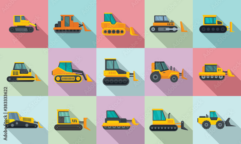 Bulldozer icons set. Flat set of bulldozer vector icons for web design Bulldozer icons set. Flat set of bulldozer vector icons for web design