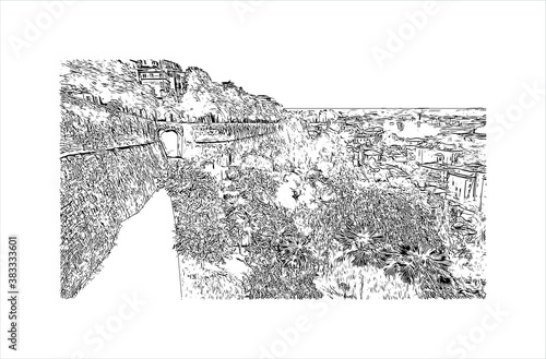 Building view with landmark of Bergamo is a city in the alpine Lombardy region of northern Italy. Hand drawn sketch illustration in vector.