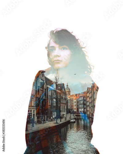 Canvas Print creative colorful double exposure art with young dreamer women and Amsterdam can