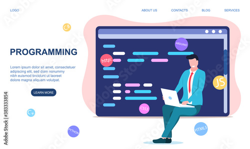 Programming or coding concept with man working on laptop on his lap. Web page template. Flat cartoon vector illustration