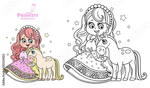 Cute princess in pink dress with unicorn baby outlined and color for coloring book